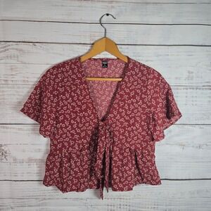 Finjani Floral Tie Front Peplum Blouse Burgundy White Ditsy Print Size Small
